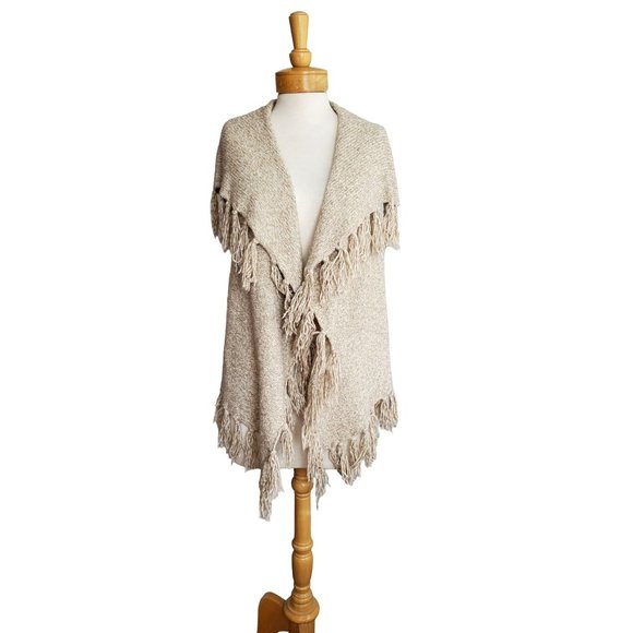 Kensie Knit Shawl Sweater Vest w/Fringe Marled Tan/Beige Boho Cozy Sz XS - Picture 6 of 10